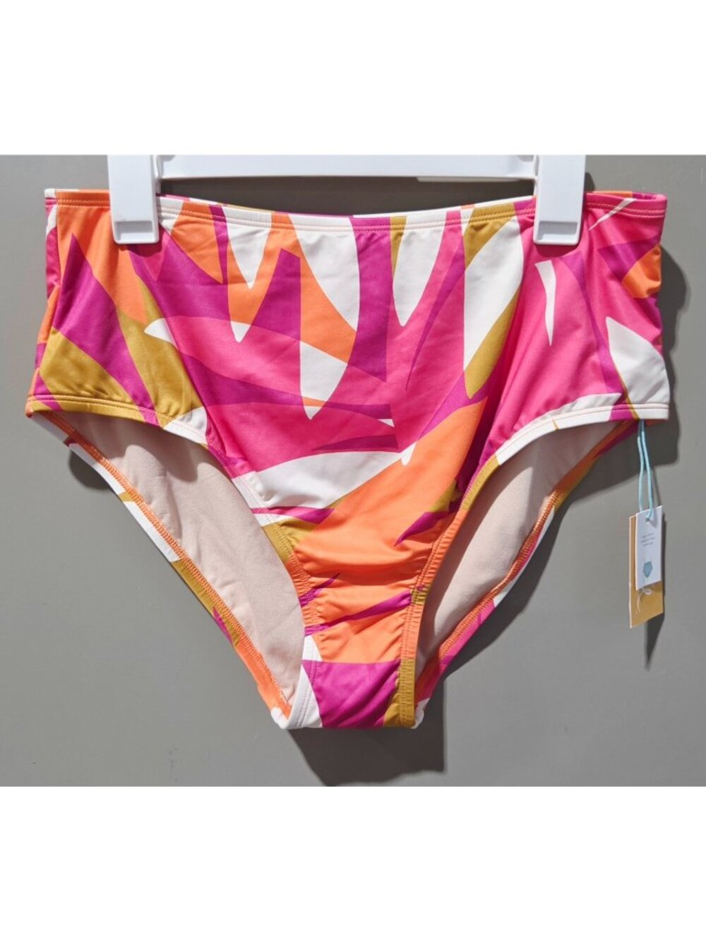 Kona Sol Orange & Pink Tropical Floral High Waist Bikini Swim Bottom -- Large